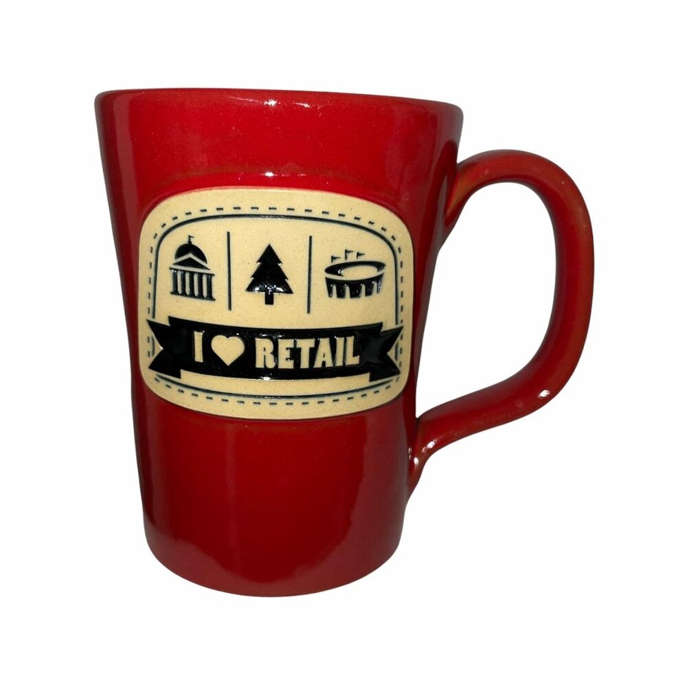 Rare Deneen Pottery I Love Retail Abby Coffee Mug Cup Morning Red Shopping